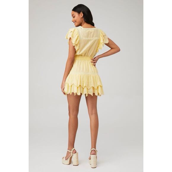 LoveShackFancy Darryl Lace Trim Pale Yellow Flutter Sleeve Ruffle Mini Dress - Picture 3 of 8